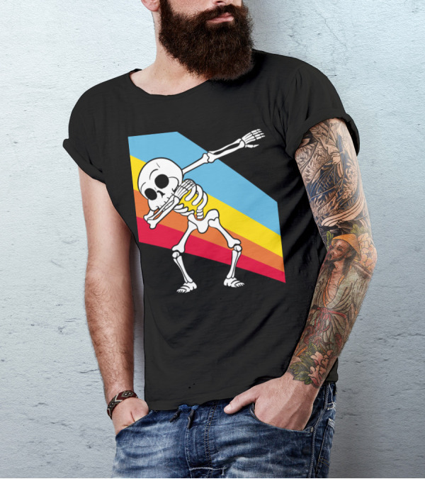 Retro Vintage Style Dabbing Dab Skeleton With Colorful Stripes T-Shirt