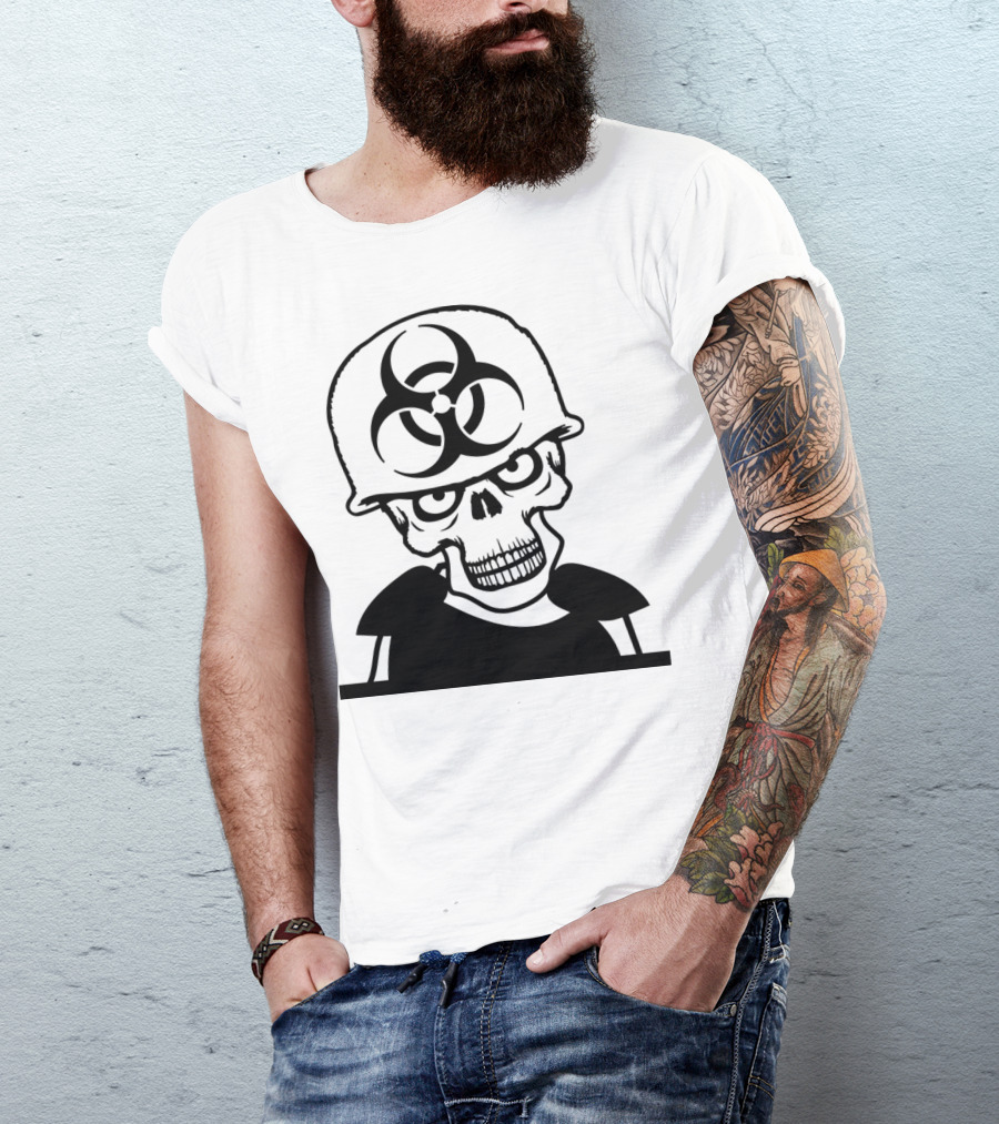 Biohazard Skull Army Helmet Horror War Machine Gun Dangerous Armor T-Shirt