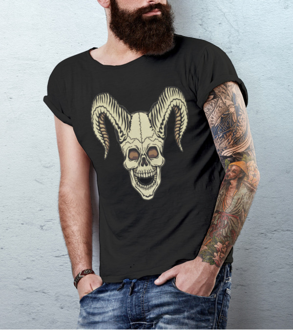 Horned Skull With Striped Curved Horns T-Shirt