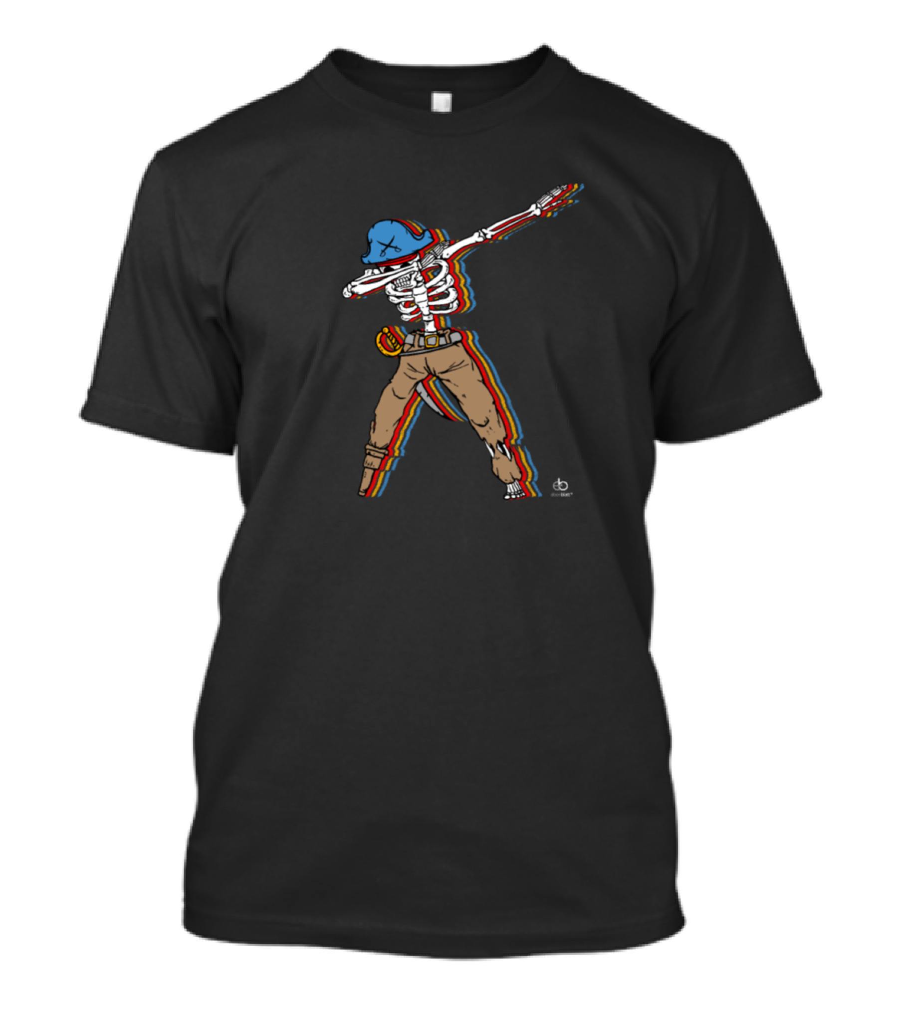 Skeleton Dabbing Pirate With Blue Hat And Rainbow Stripes T-Shirt