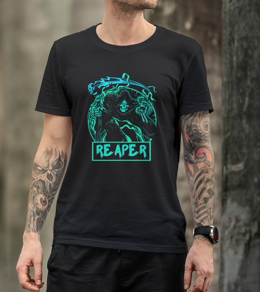 Reaper Skeleton With Scythe In Neon Green T-Shirt