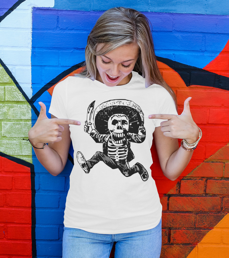 Calavera De José Guadalupe Posada Mexican Skeleton With Sombrero And Knife T-Shirt