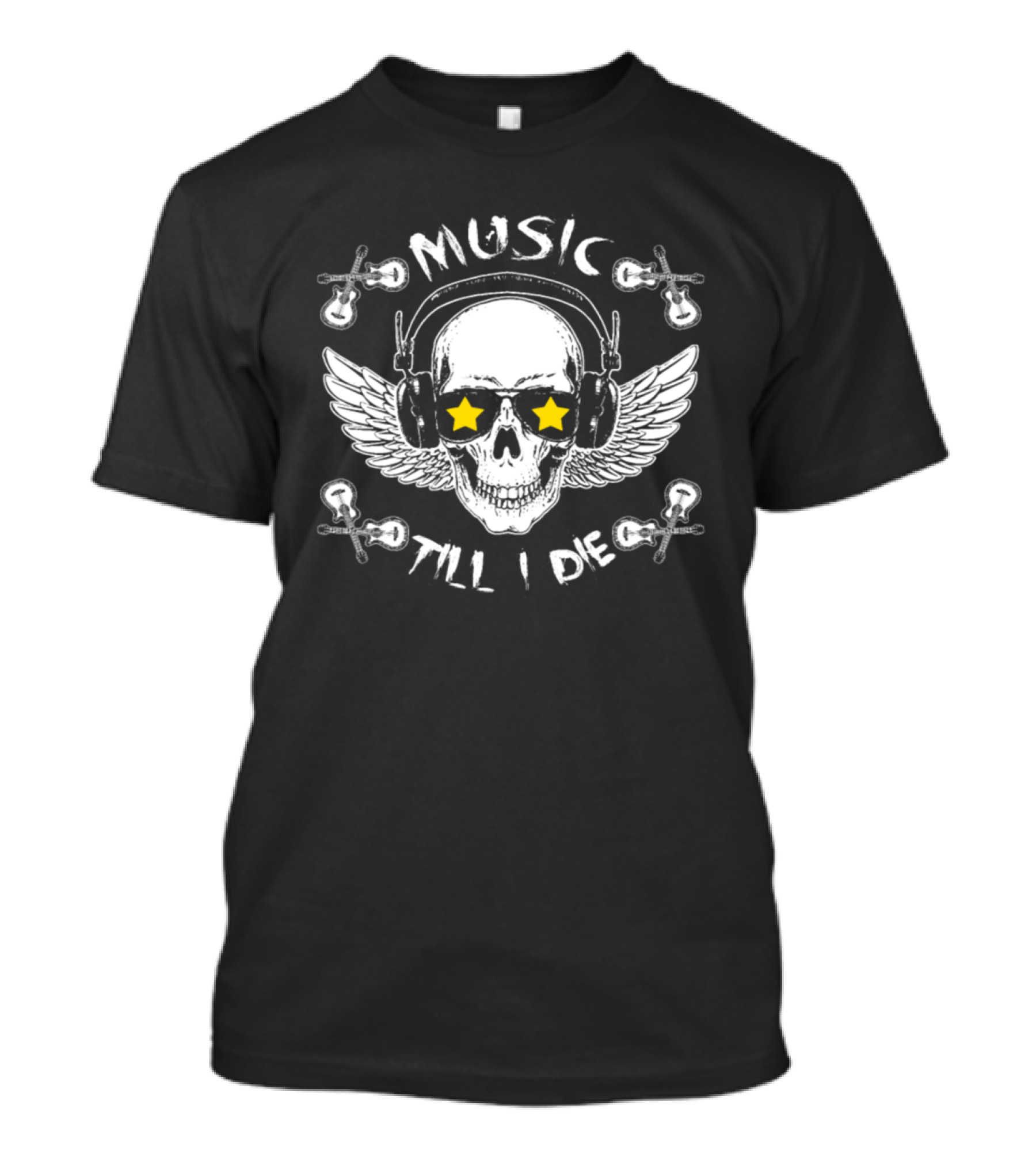 MUSIC TILL I DIE Skull With Headphones And Wings T-Shirt