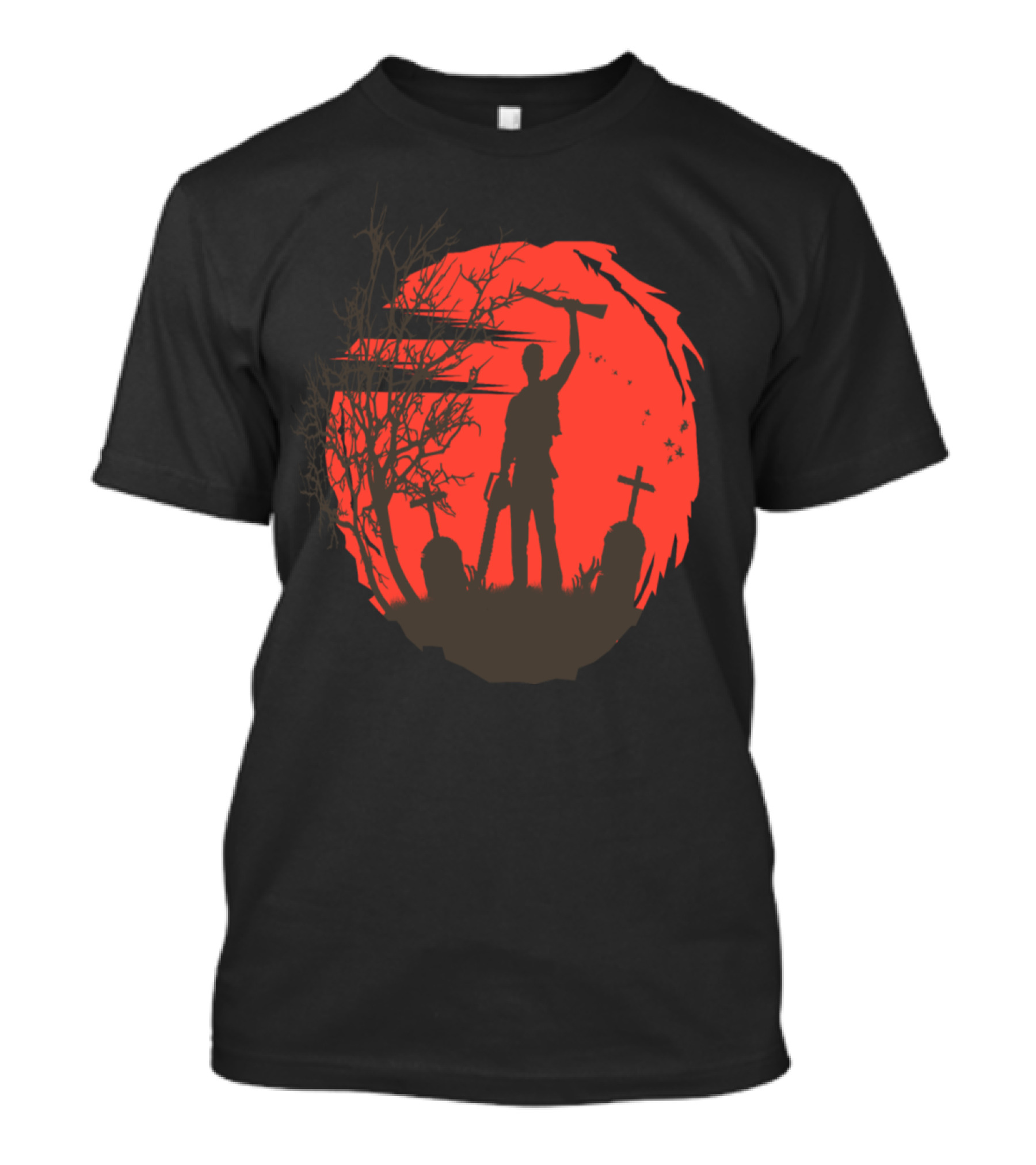 Boomstick Ash Silhouette With Chainsaw And Shotgun Graveyard Scene T-Shirt