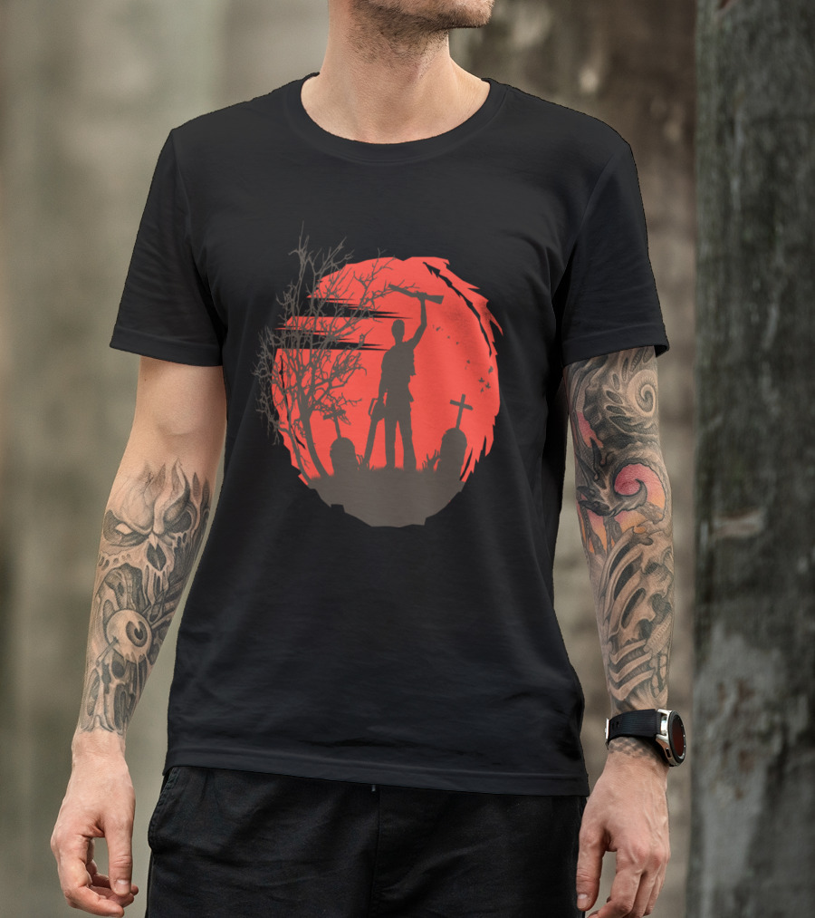 Boomstick Ash Silhouette With Chainsaw And Shotgun Graveyard Scene T-Shirt