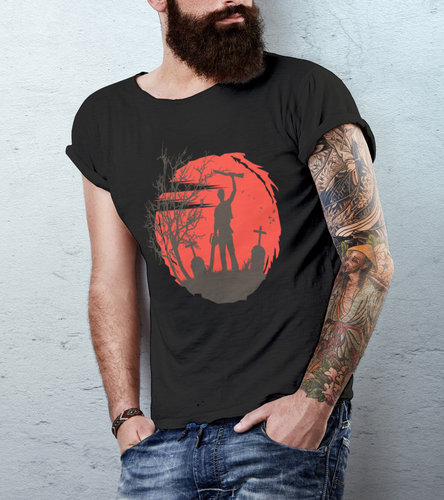 Boomstick Ash Silhouette With Chainsaw And Shotgun Graveyard Scene T-Shirt