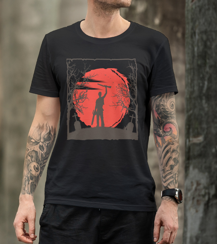 Evil Dead Ash Williams Silhouette With Chainsaw And Rifle Against Red Moon Background T-Shirt