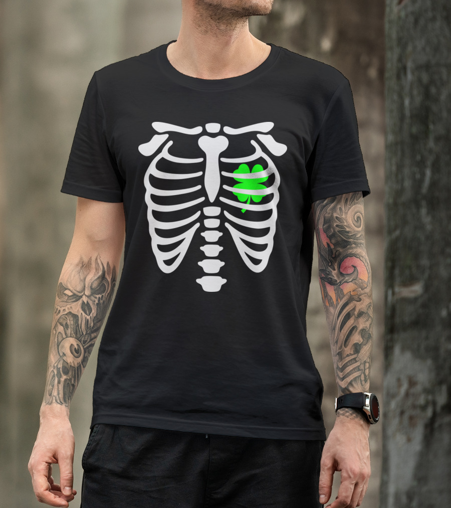 X Ray Ribcage With Irish Shamrock Heart Motif T-Shirt