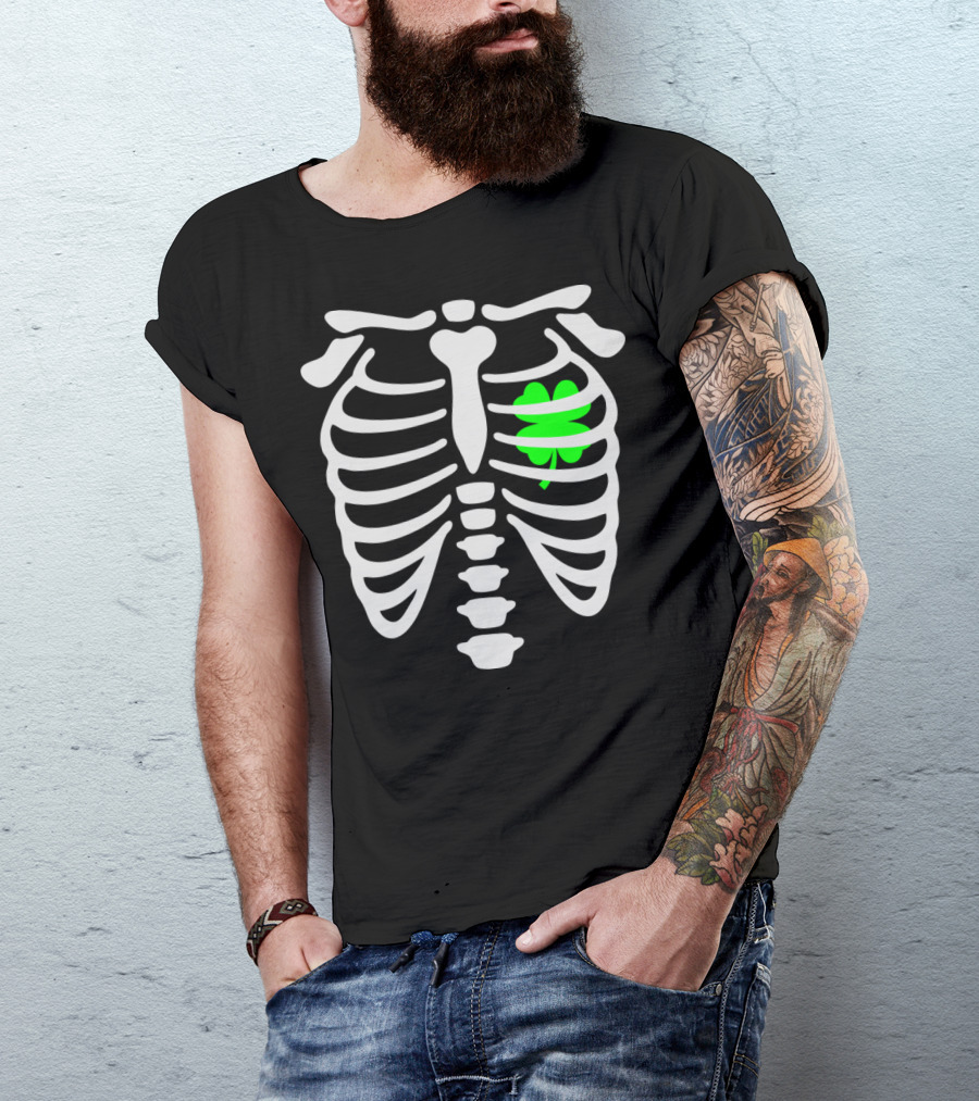 X Ray Ribcage With Irish Shamrock Heart Motif T-Shirt