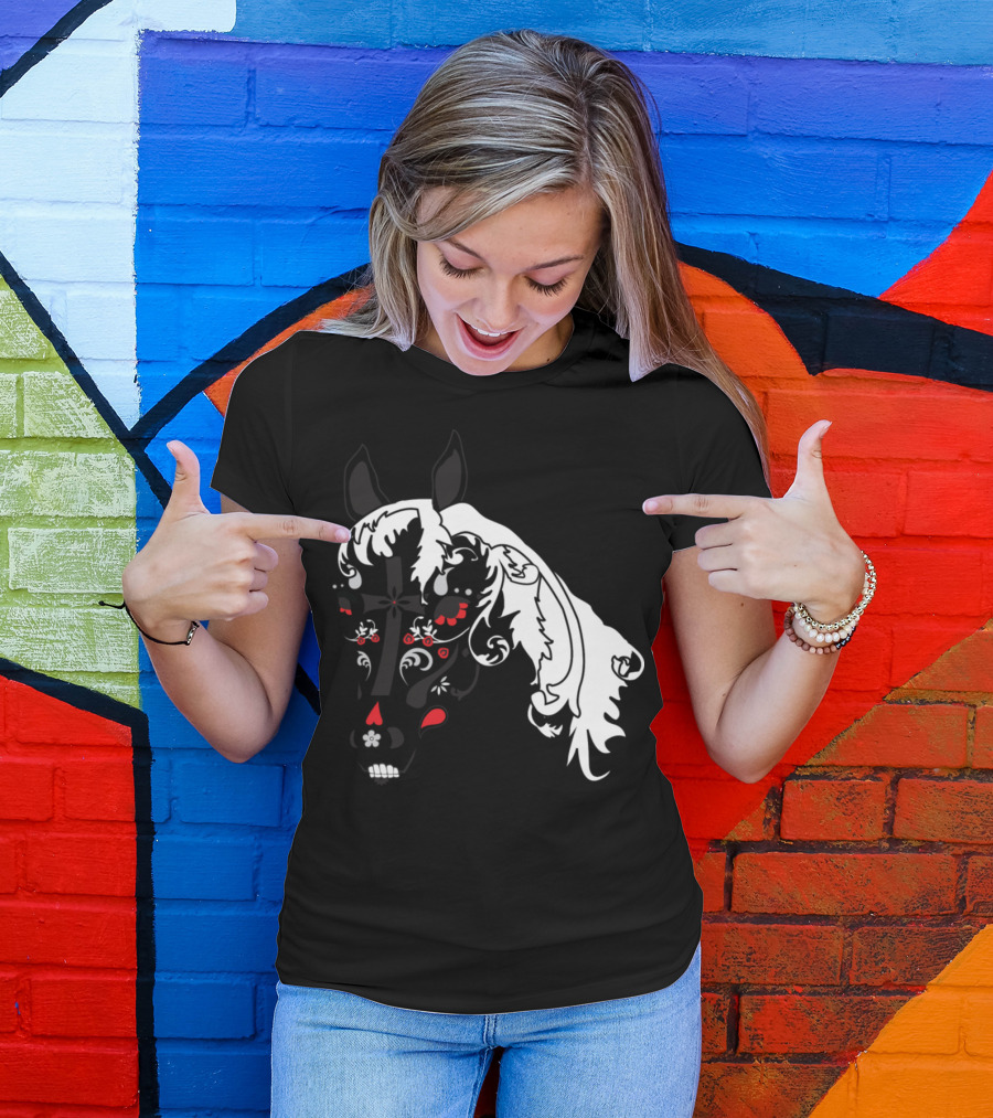 Sugar Skull Horse Floral Tattoo T-Shirt