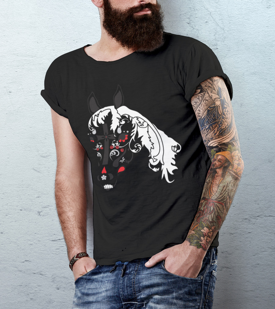 Sugar Skull Horse Floral Tattoo T-Shirt