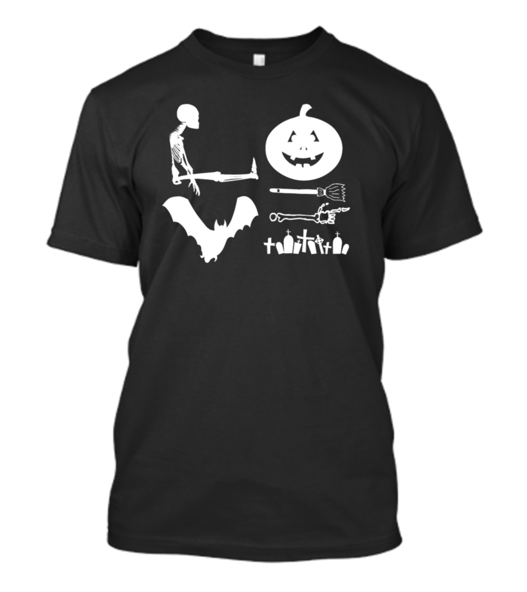 Skeleton, Pumpkin, Bat, Witch Broom, Spooky Tombstones Halloween Party T-Shirt