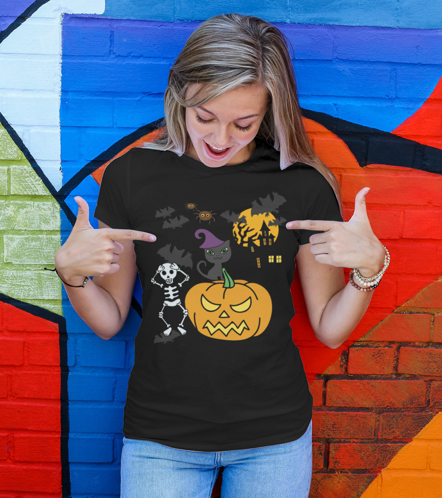 Frightful Fun Halloween Skeleton Jack-o'-Lantern Haunted House Black Cat And Spiders T-Shirt