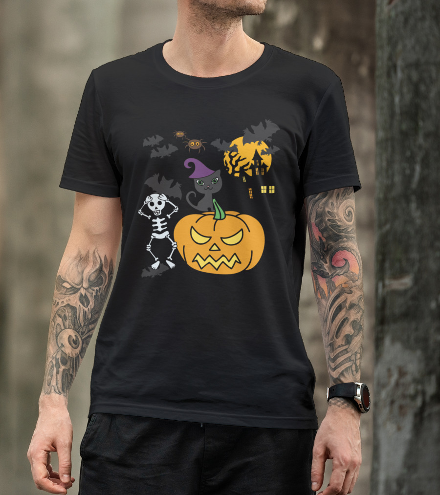 Frightful Fun Halloween Skeleton Jack-o'-Lantern Haunted House Black Cat And Spiders T-Shirt