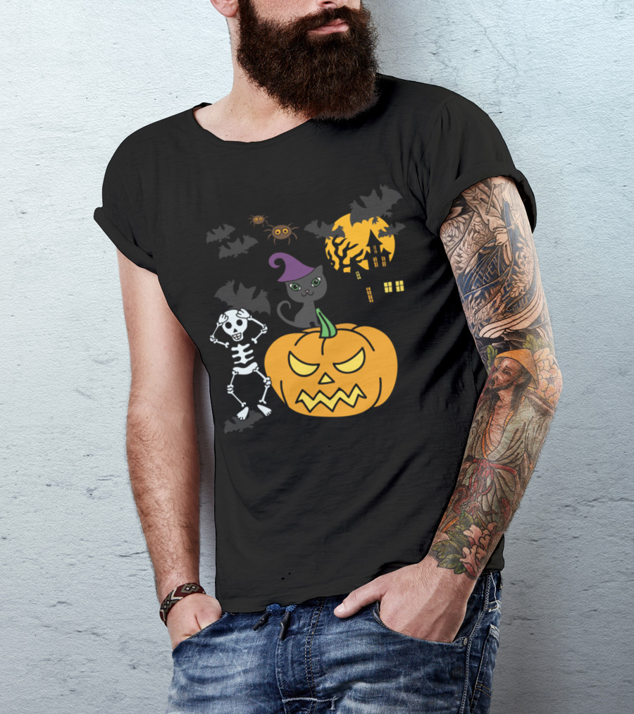 Frightful Fun Halloween Skeleton Jack-o'-Lantern Haunted House Black Cat And Spiders T-Shirt