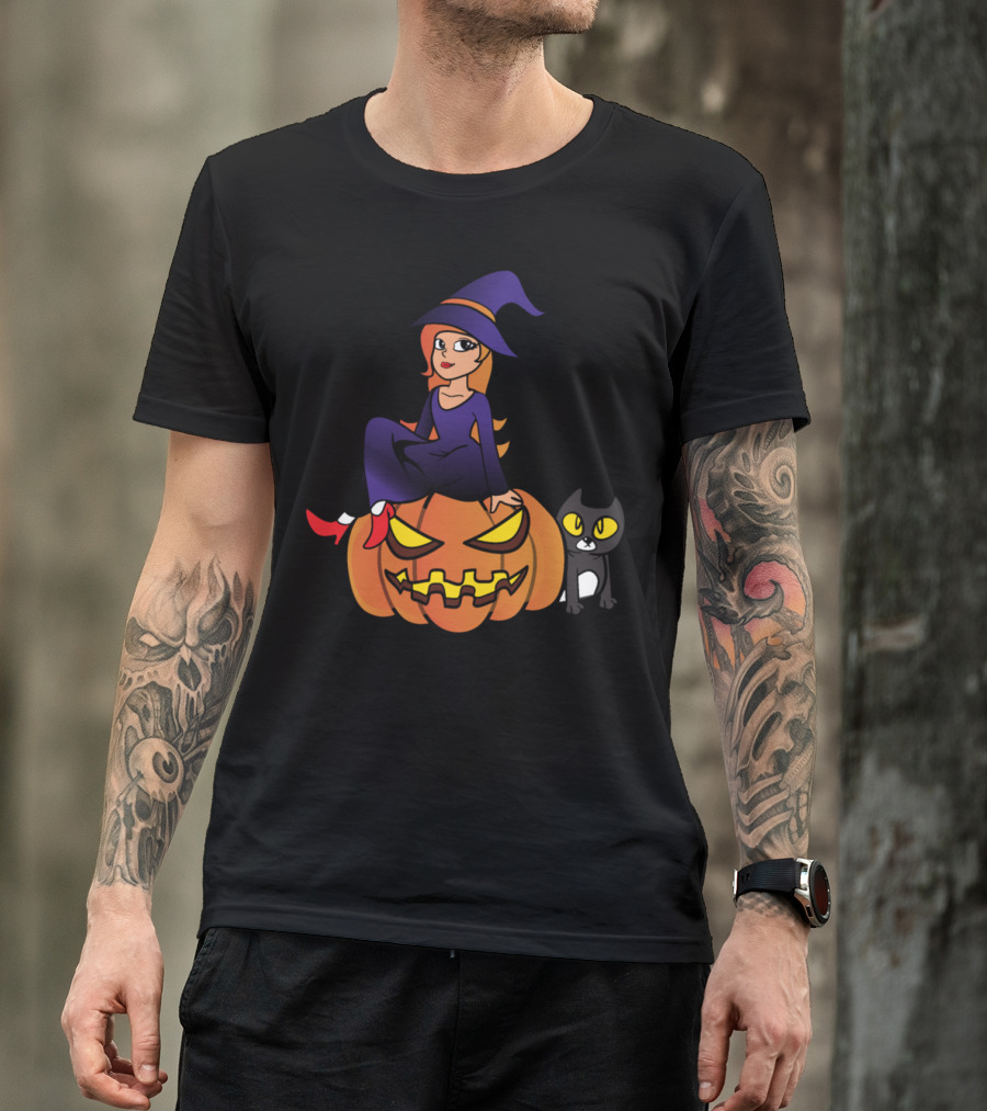 Halloween Witch Sitting On Pumpkin With Black Cat T-Shirt