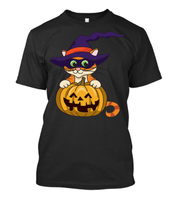 Halloween Cat Pumpkin Witch Hat Green-Eyed Jack-O'-Lantern T-Shirt