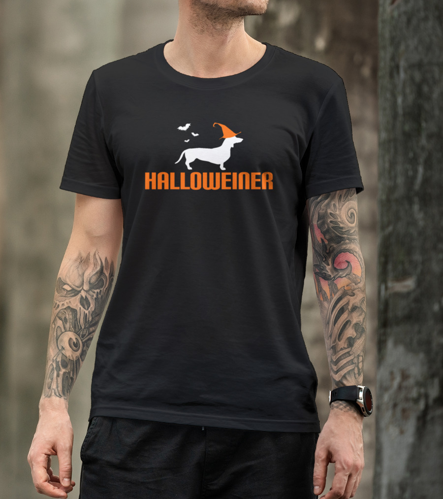 HALLOWEINER Dachshund Halloween Witch Hat Bats T-Shirt