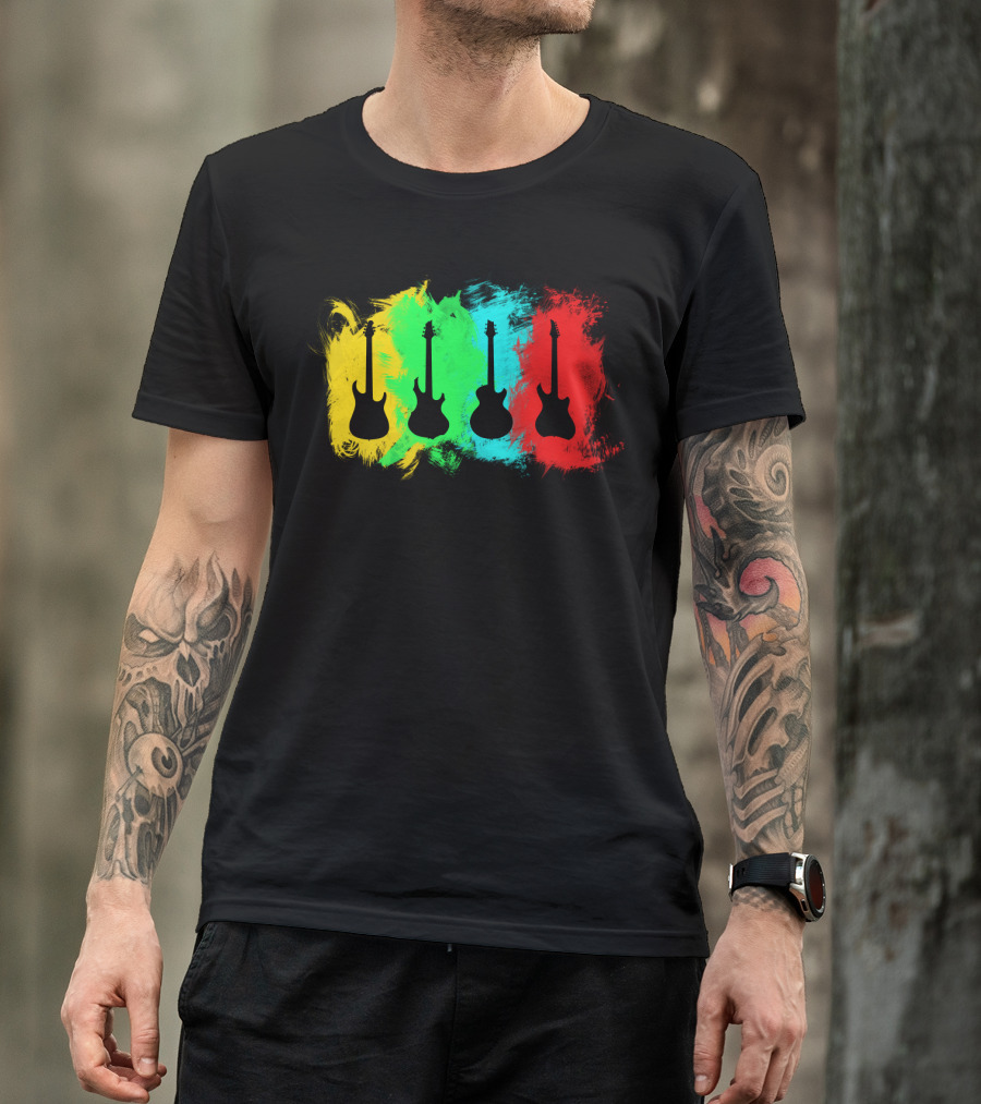 Colored Guitars Electric Acoustic Silhouette Yellow Green Blue Red T-Shirt