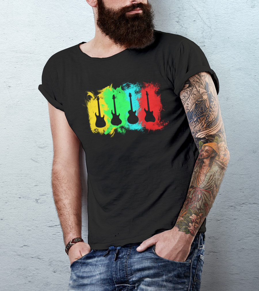 Colored Guitars Electric Acoustic Silhouette Yellow Green Blue Red T-Shirt