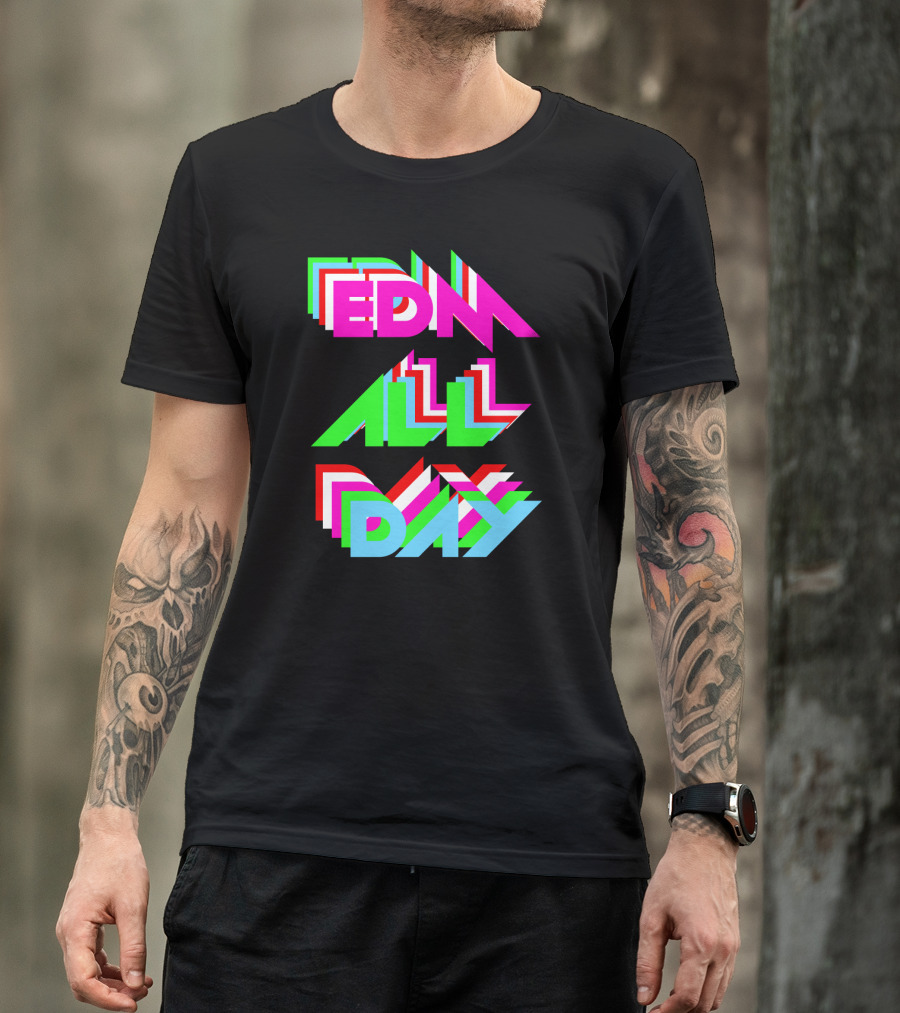 EDM All Day Cool Neon Anaglyph Style Rave Black Ink T-Shirt