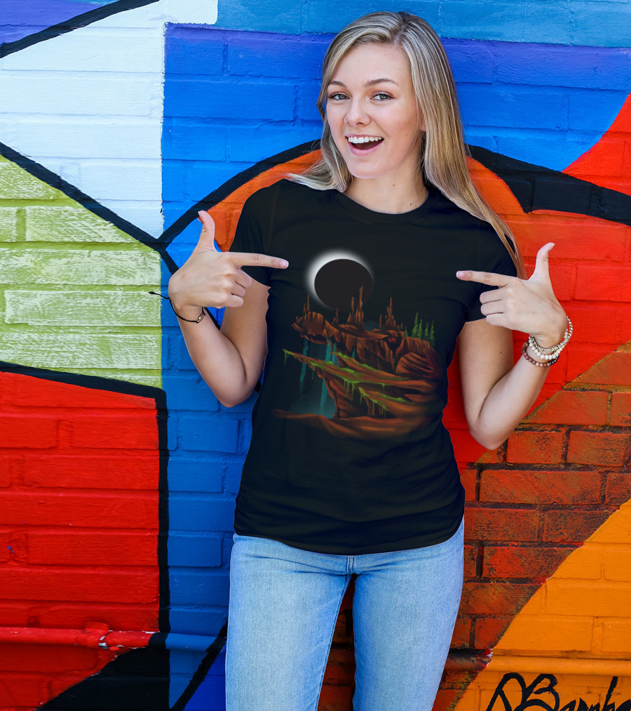Timeless Eclipse Over Mystical Croc Mountain Landscape T-Shirt