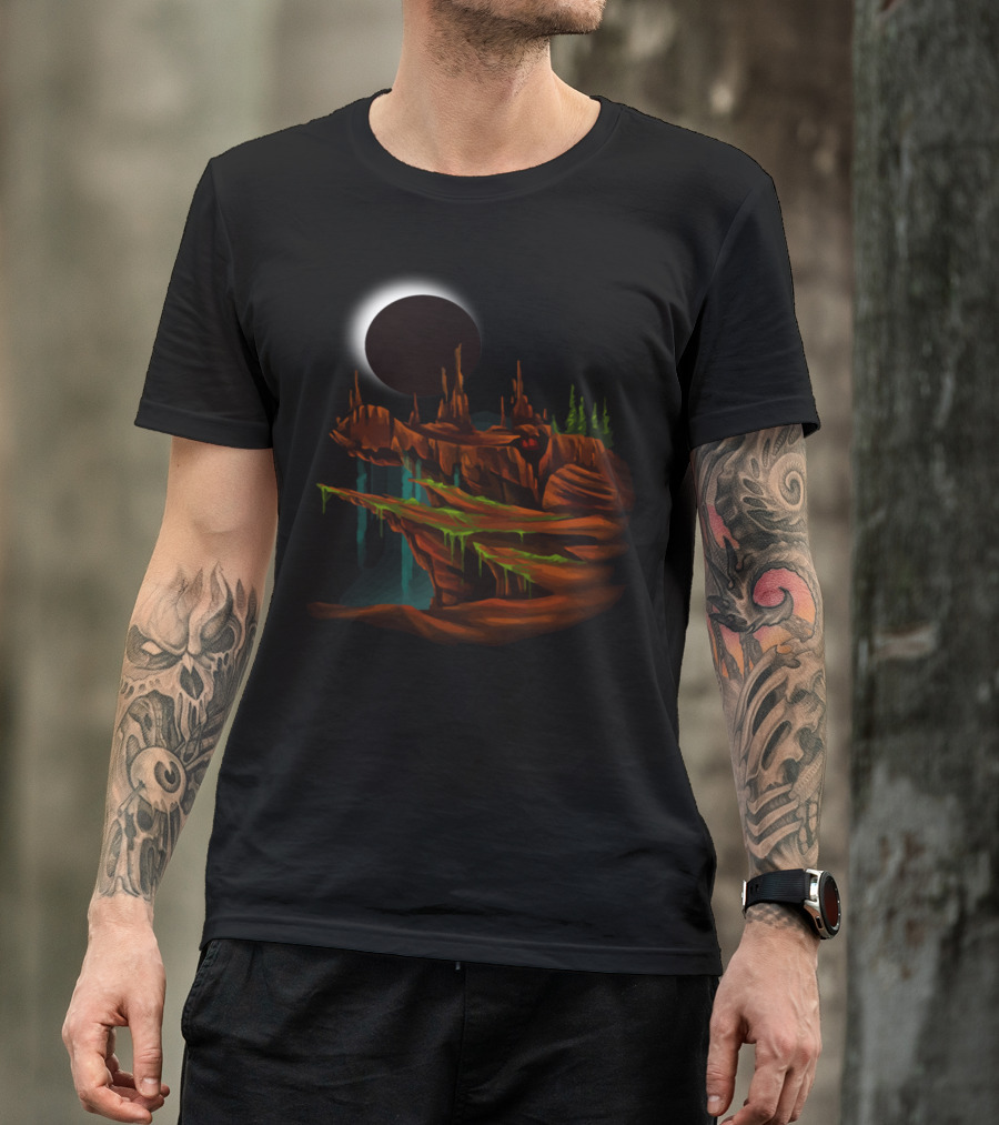 Timeless Eclipse Over Mystical Croc Mountain Landscape T-Shirt