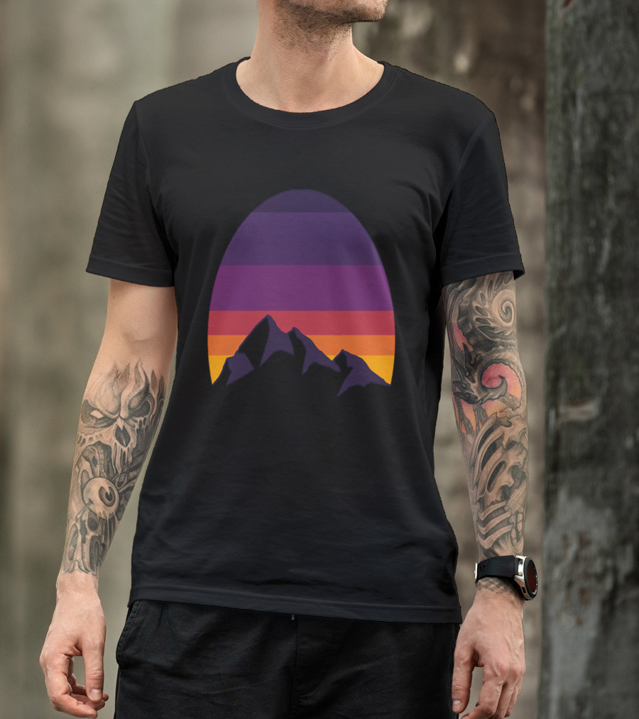 Retro Mountain Sunset Silhouette With Gradient Stripes In Purple, Red, And Orange T-Shirt