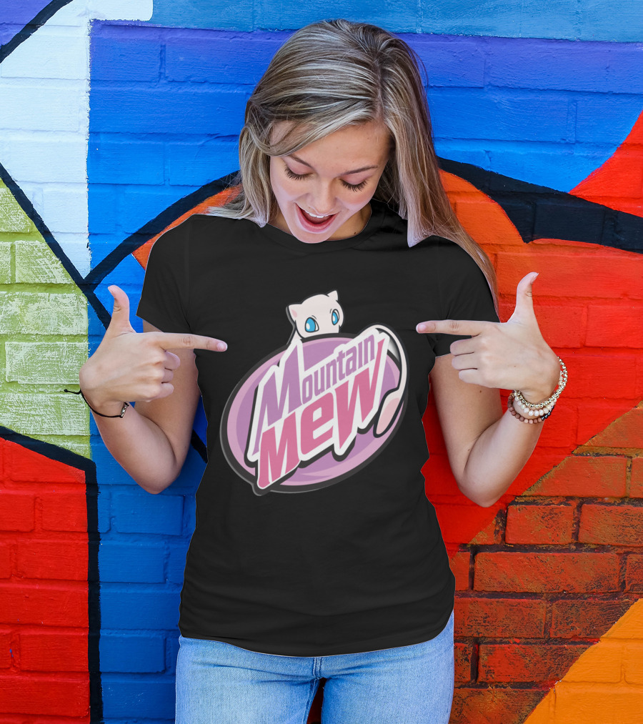 Mountain Mew Logo With Adorable White Cat And Purple Background T-Shirt