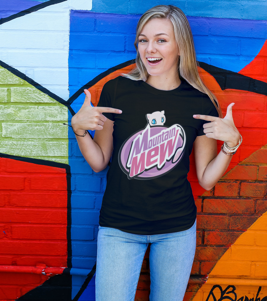 Mountain Mew Logo With Adorable White Cat And Purple Background T-Shirt