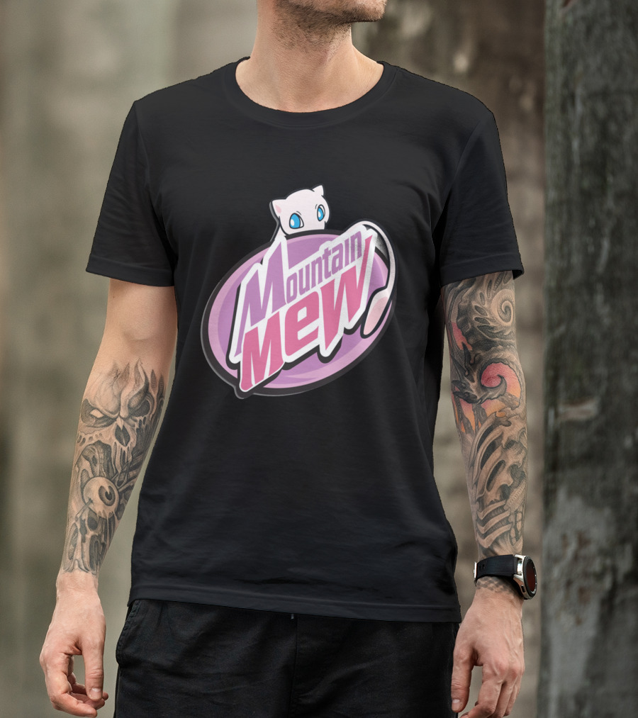 Mountain Mew Logo With Adorable White Cat And Purple Background T-Shirt