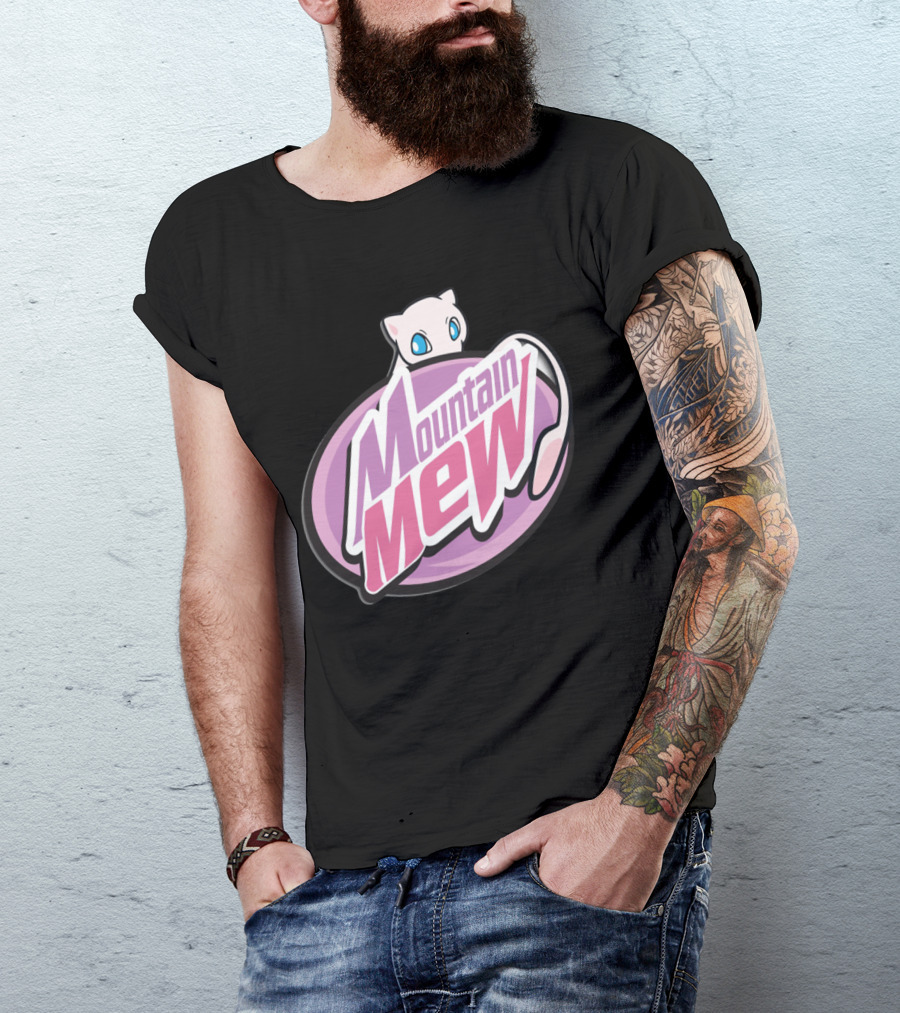 Mountain Mew Logo With Adorable White Cat And Purple Background T-Shirt