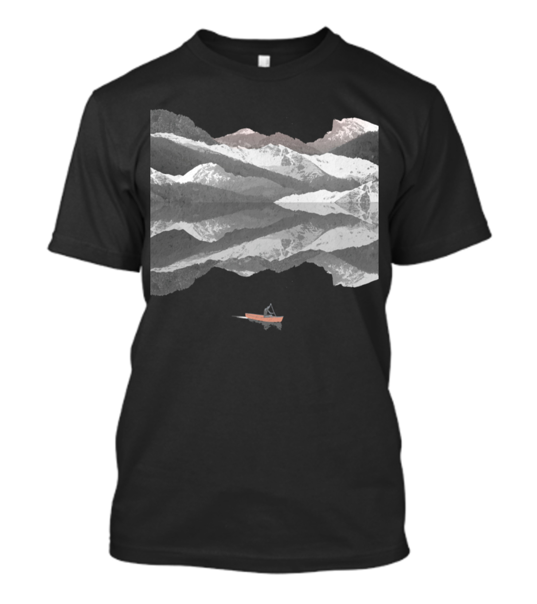 Mountain Lake Reflection With Boat And Snowy Peaks T-Shirt