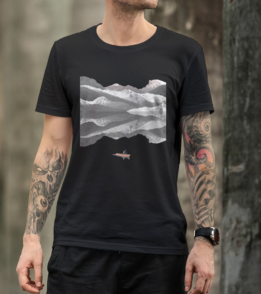 Mountain Lake Reflection With Boat And Snowy Peaks T-Shirt