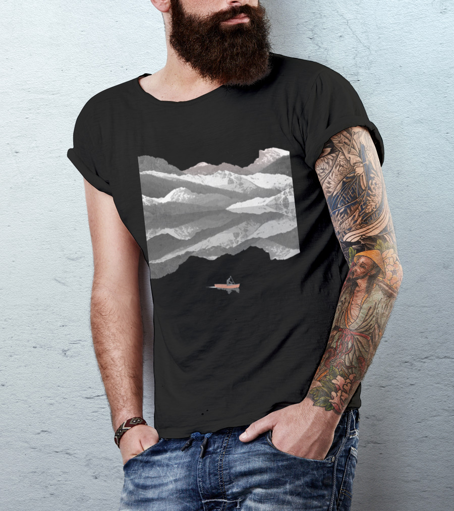 Mountain Lake Reflection With Boat And Snowy Peaks T-Shirt