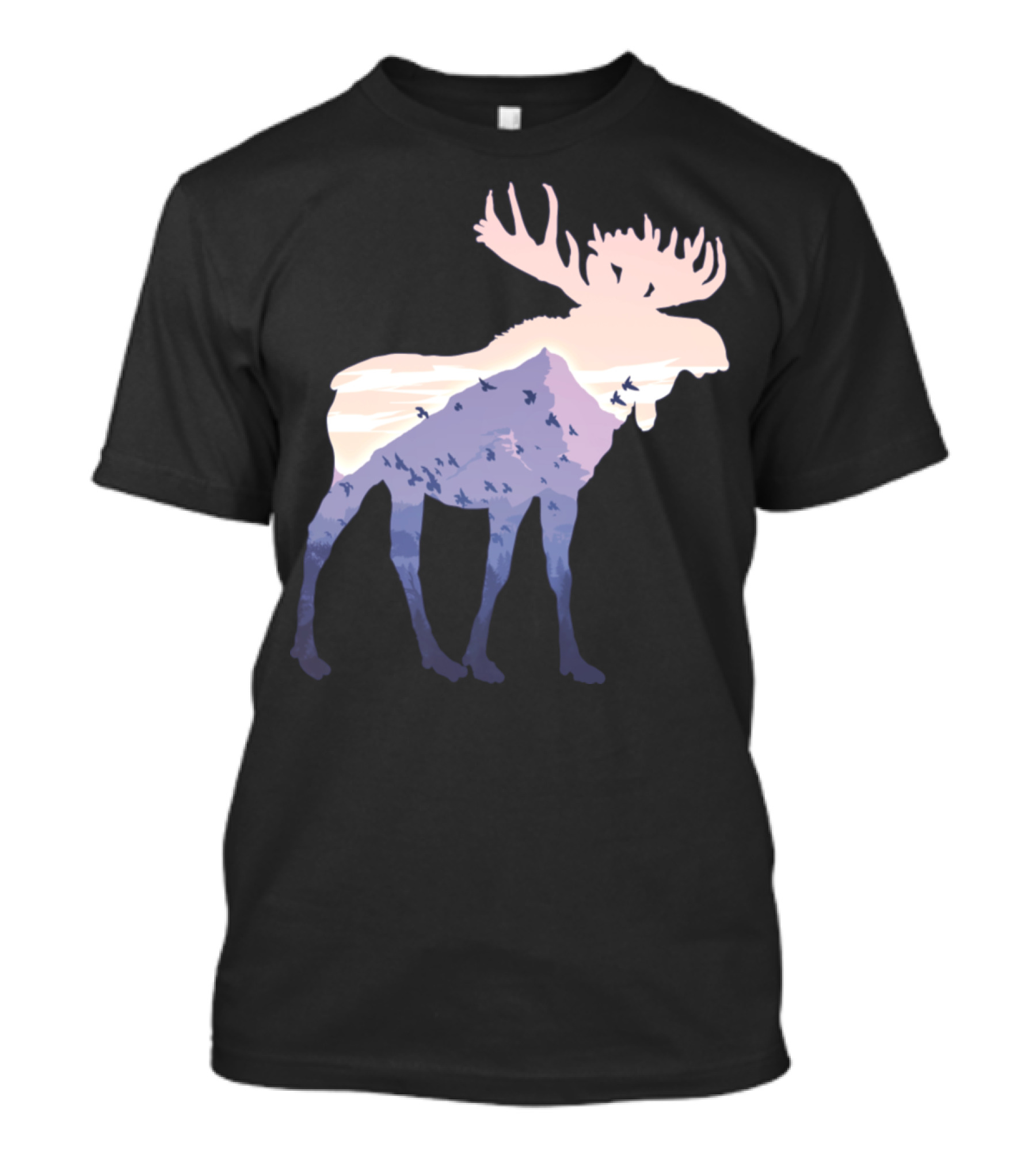 Moose Mountain Silhouette With Nature Landscape And Bird Scene T-Shirt