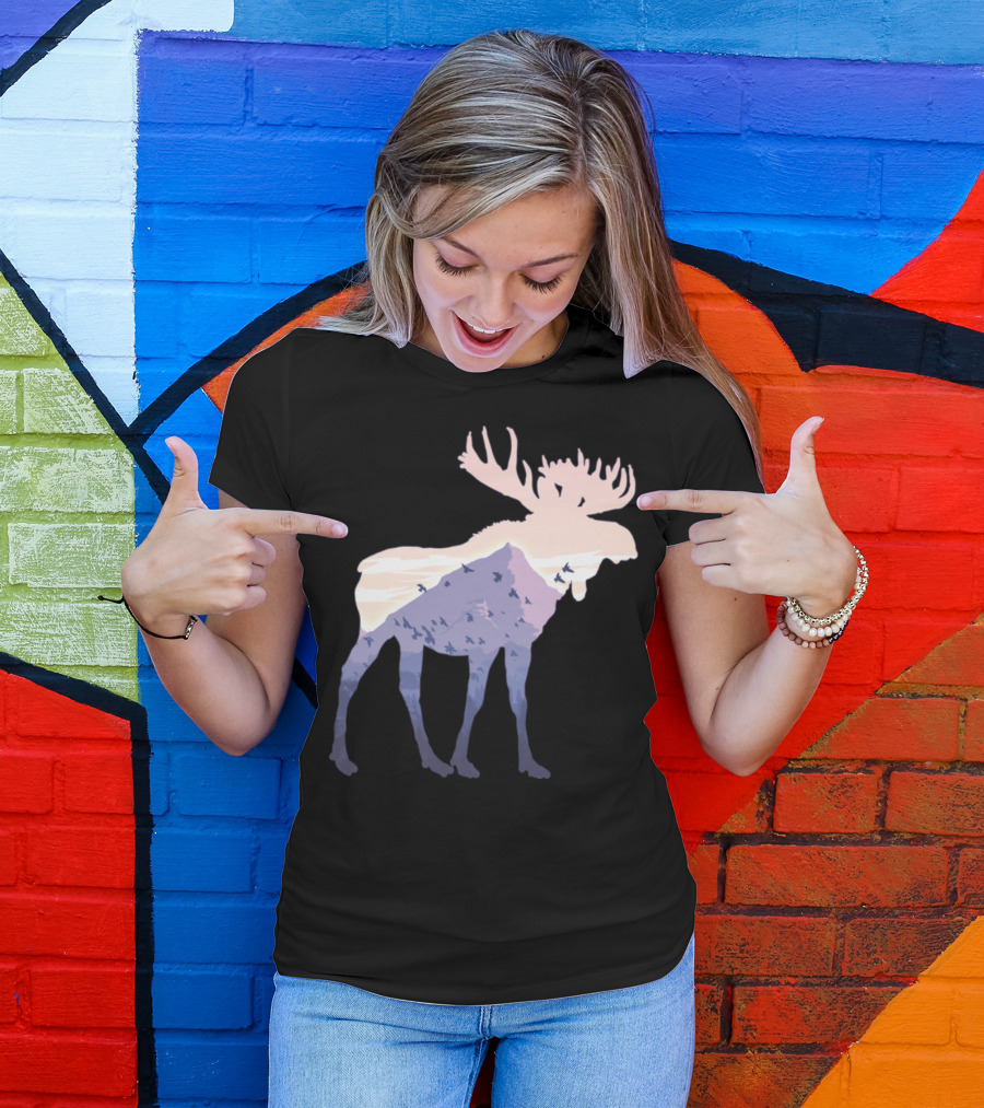 Moose Mountain Silhouette With Nature Landscape And Bird Scene T-Shirt