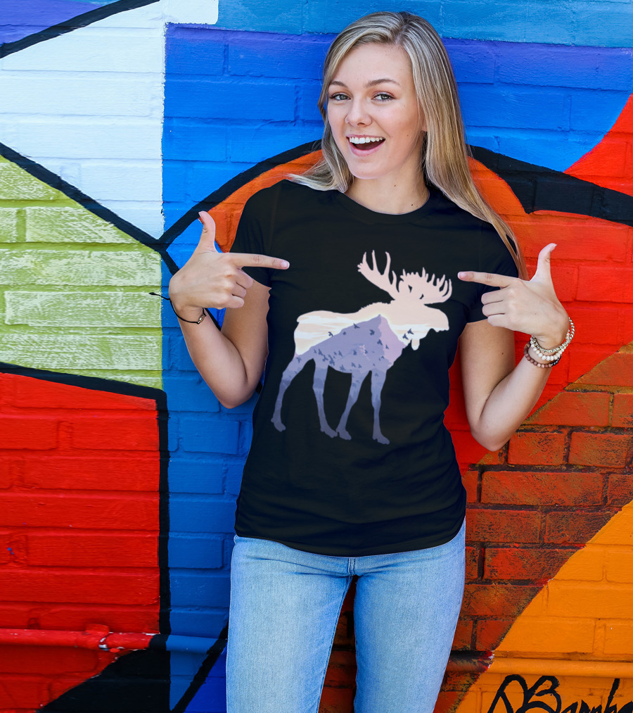 Moose Mountain Silhouette With Nature Landscape And Bird Scene T-Shirt