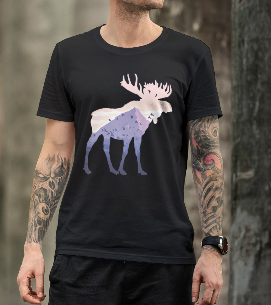 Moose Mountain Silhouette With Nature Landscape And Bird Scene T-Shirt