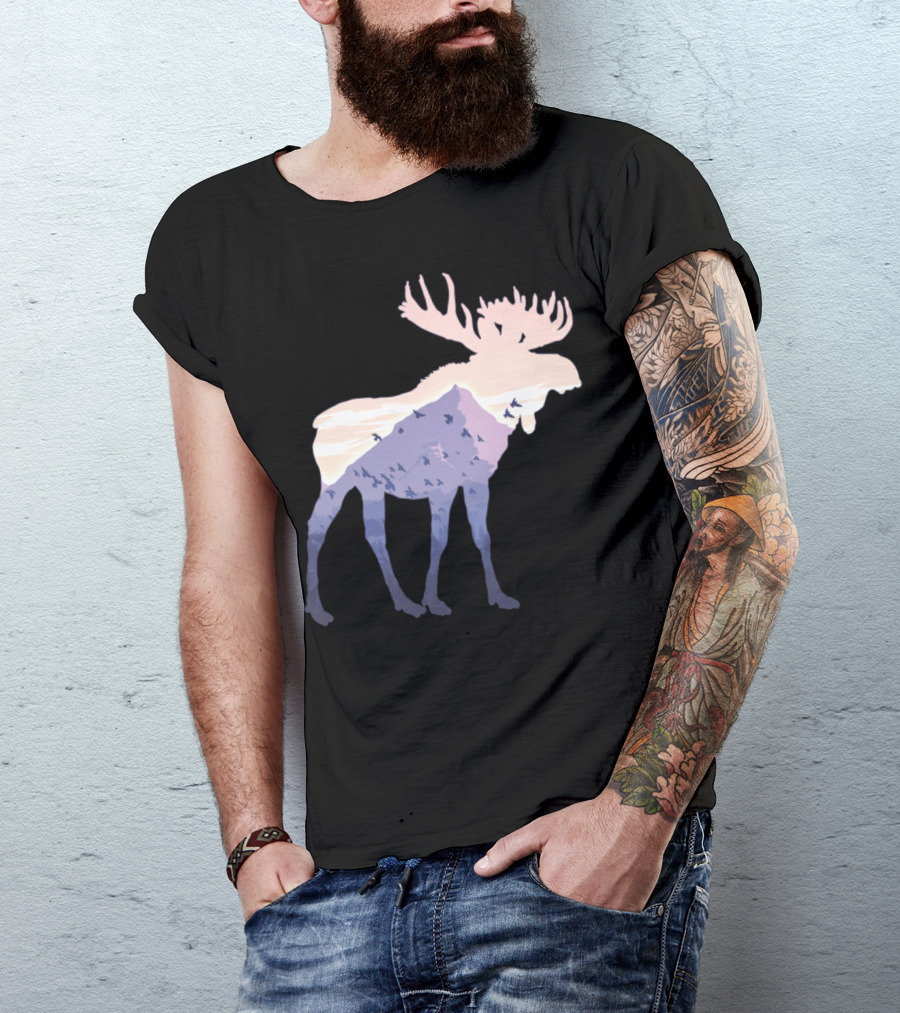 Moose Mountain Silhouette With Nature Landscape And Bird Scene T-Shirt