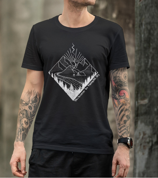 Welcome To Simplicity Hiking Outdoor Mountains Camping Scene T-Shirt