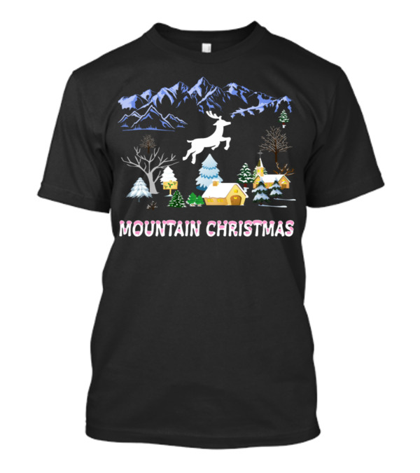 Mountain Christmas Reindeer In Snowy Village Scene T-Shirt