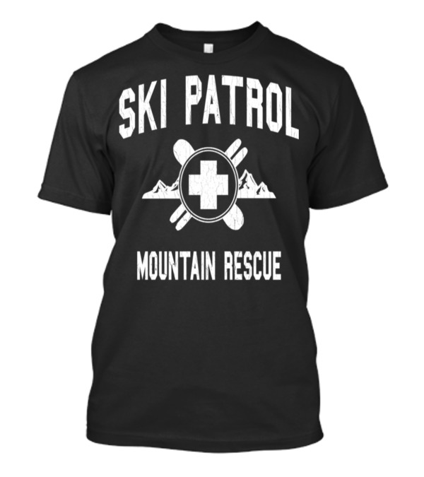 Ski Patrol Mountain Rescue Cross And Skis With Mountain Background T-Shirt