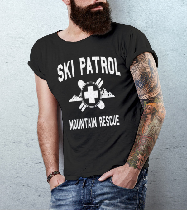 Ski Patrol Mountain Rescue Cross And Skis With Mountain Background T-Shirt