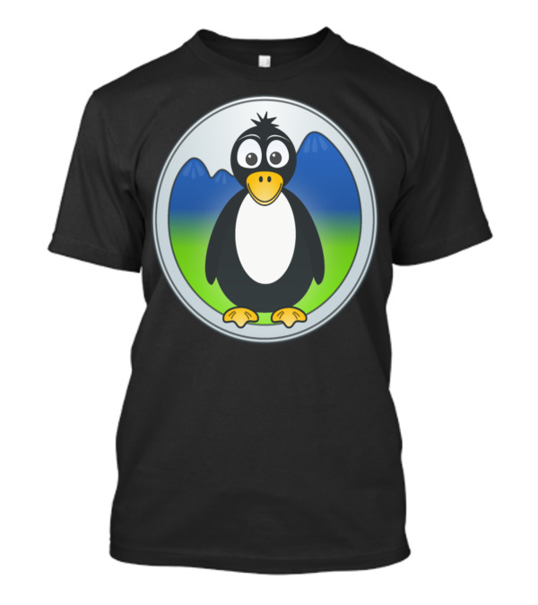Penguin With Blue Mountains And Green Hills Circular Badge T-Shirt