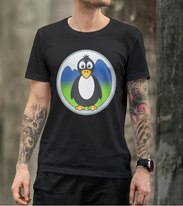 Penguin With Blue Mountains And Green Hills Circular Badge T-Shirt