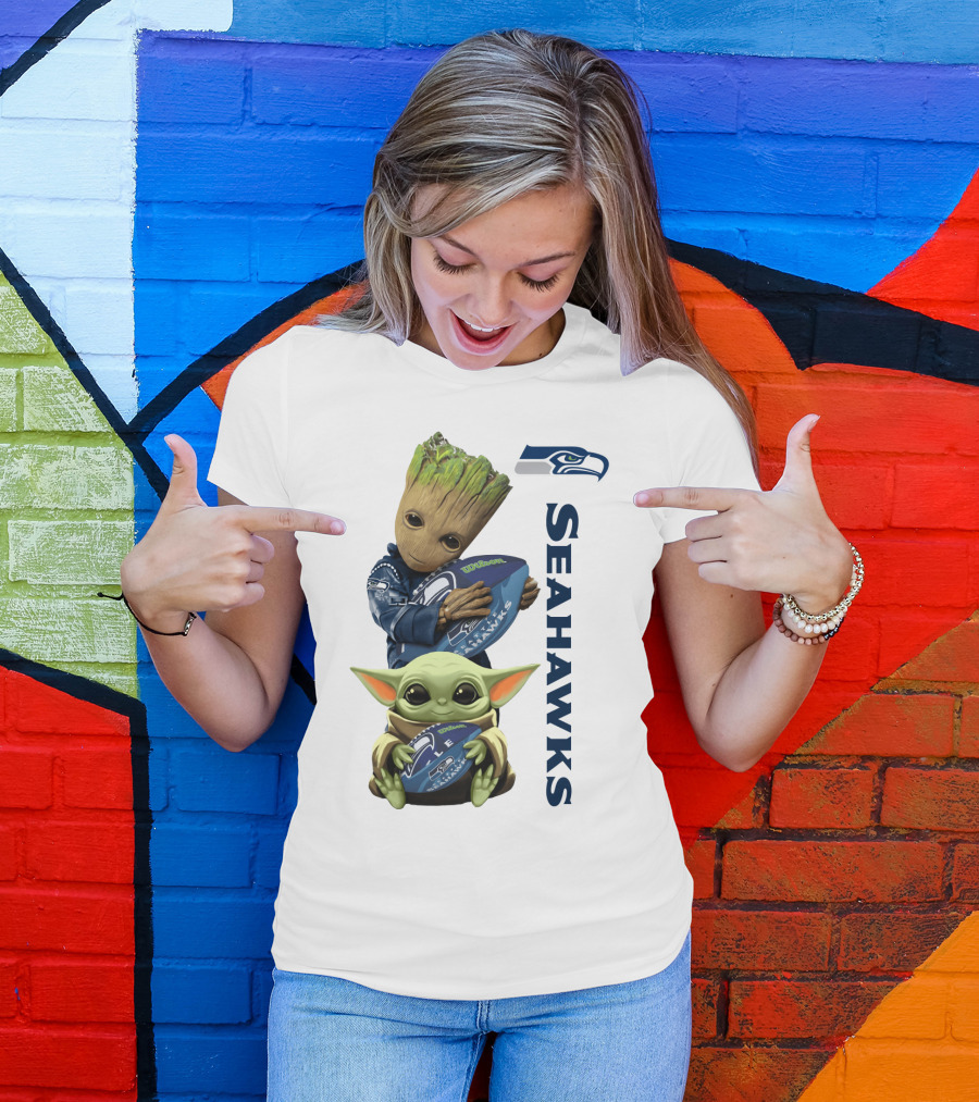 Baby Groot And Baby Yoda Hugging Seahawks Football T-Shirt