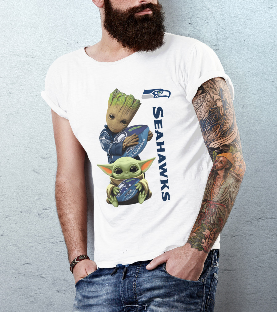 Baby Groot And Baby Yoda Hugging Seahawks Football T-Shirt