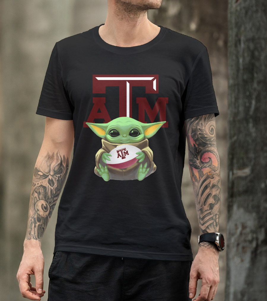 Baby Yoda Holding Texas A&M Aggies Football ATM T-Shirt