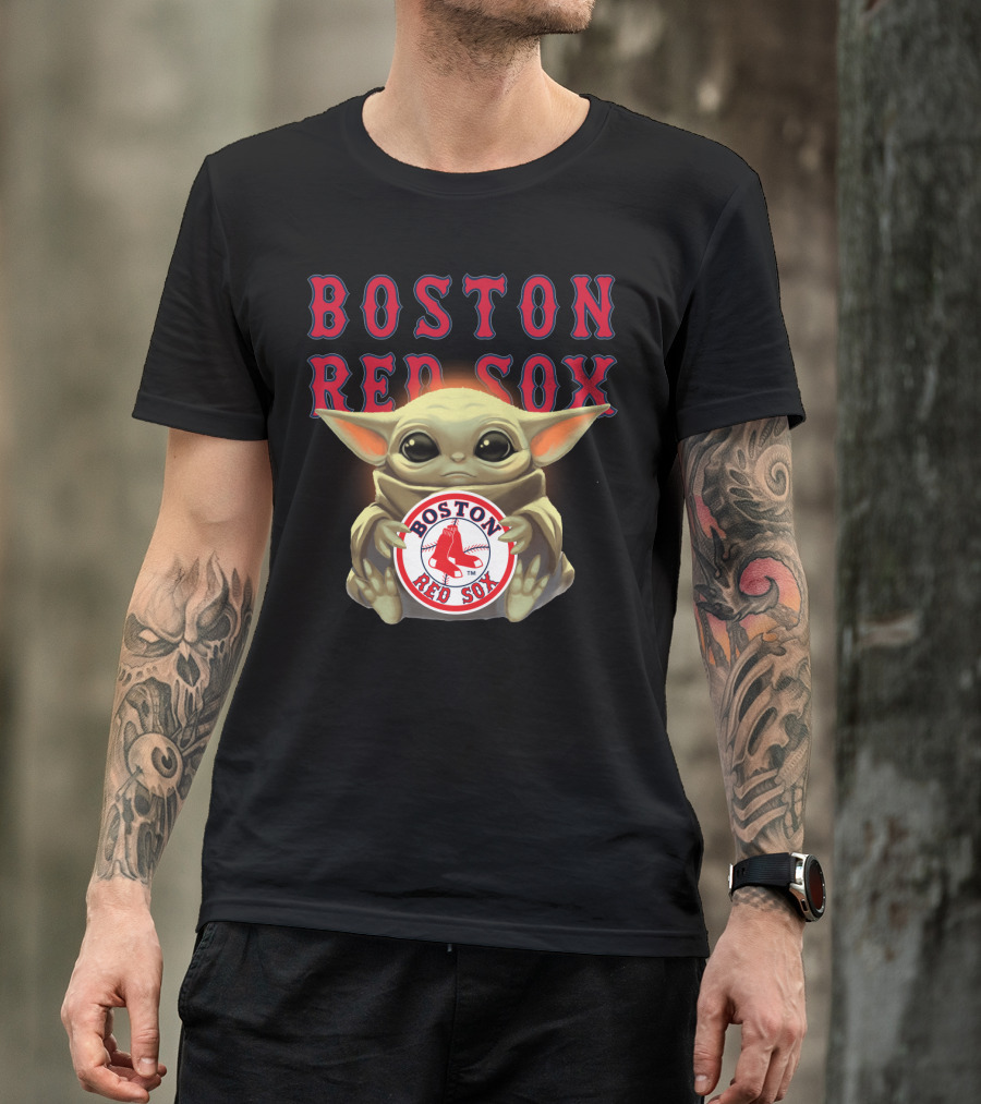 Boston Red Sox Baby Yoda Hugging Red Sox Emblem T-Shirt